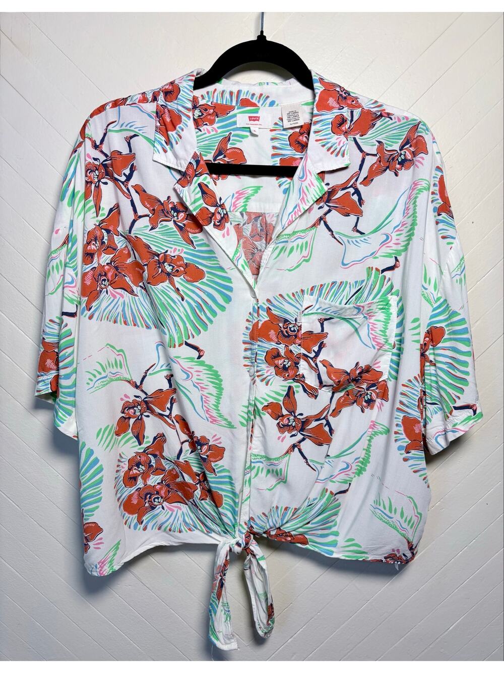 Levi's Tropical Floral Graphic Button Up Tie Summer Blouse Women's Size XL